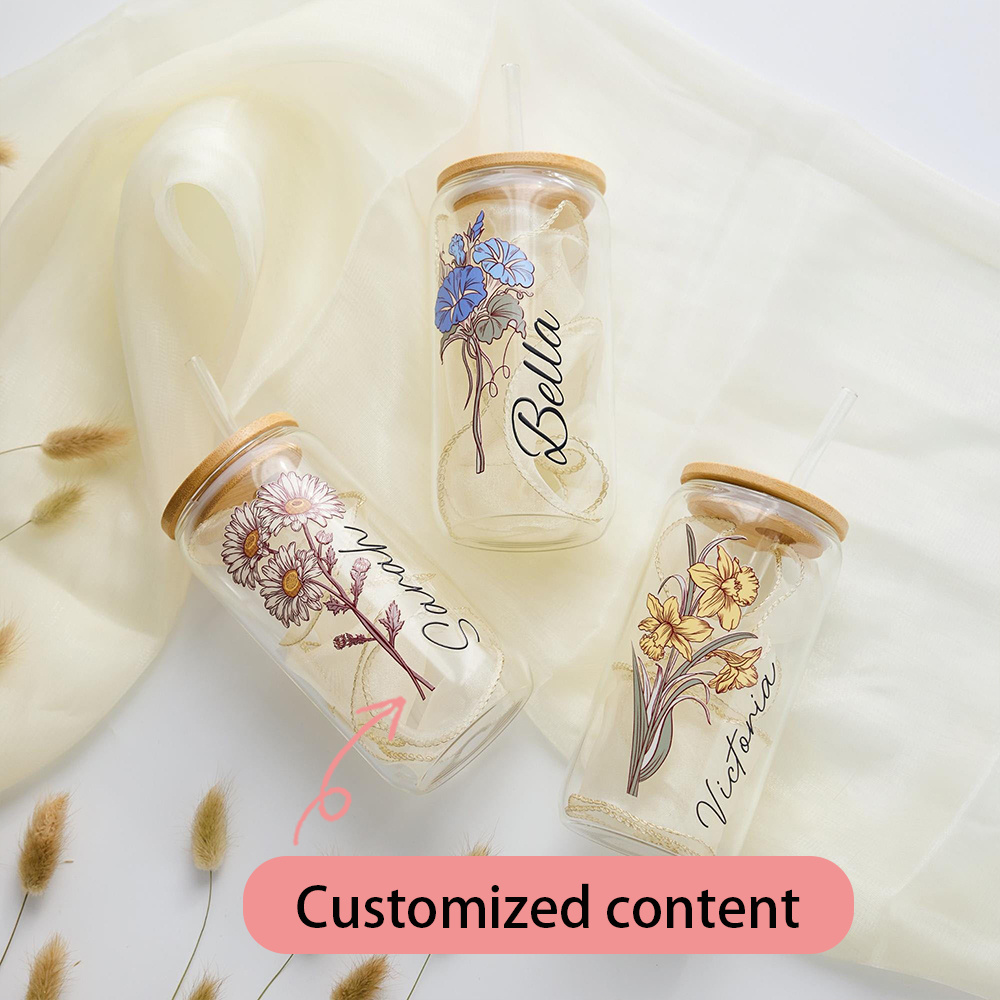 Custom Birth Flower Glass Can  - Coffee Equipment With Name ulasan dan harga