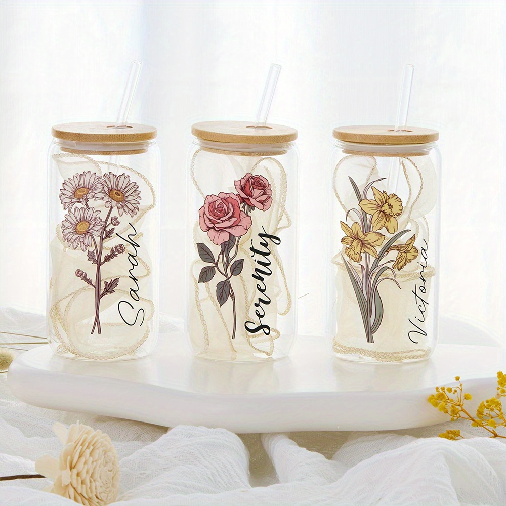 Custom Birth Flower Glass Can  - Coffee Equipment With Name ulasan dan harga