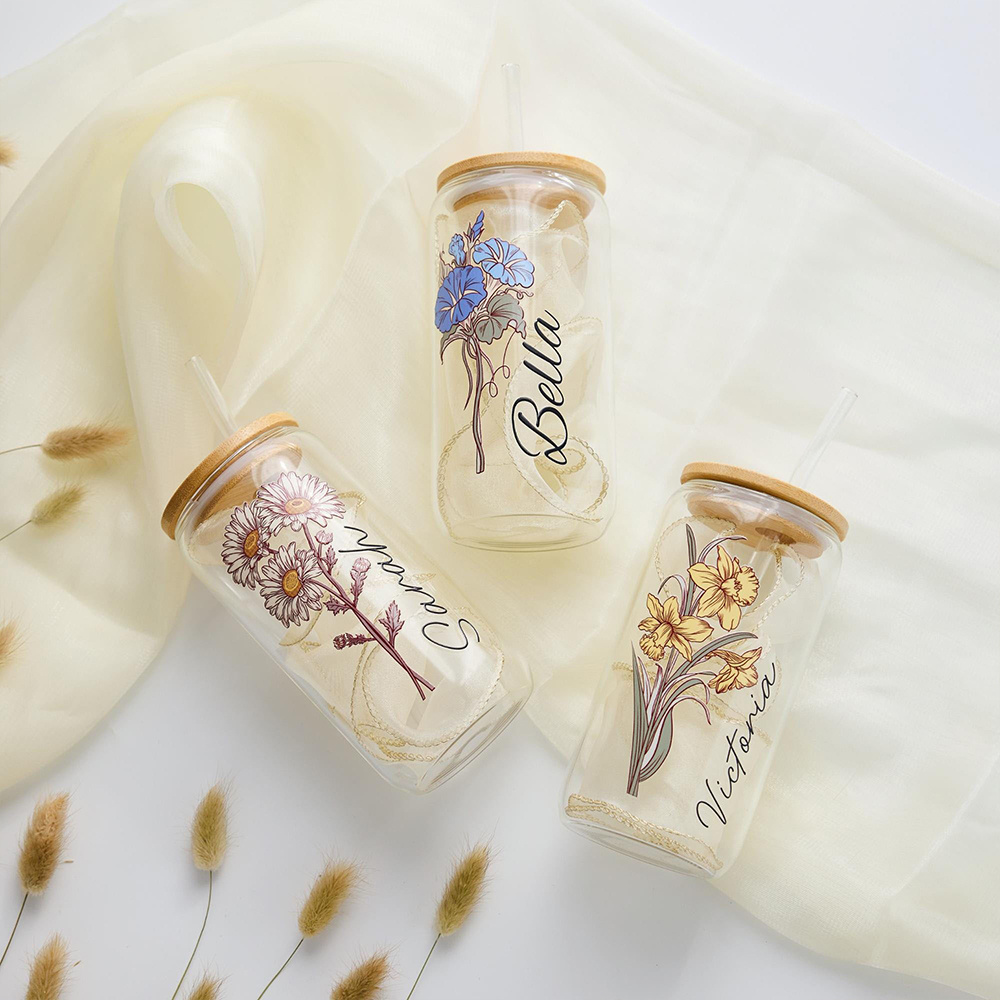 Custom Birth Flower Glass Can  - Coffee Equipment With Name ulasan dan harga